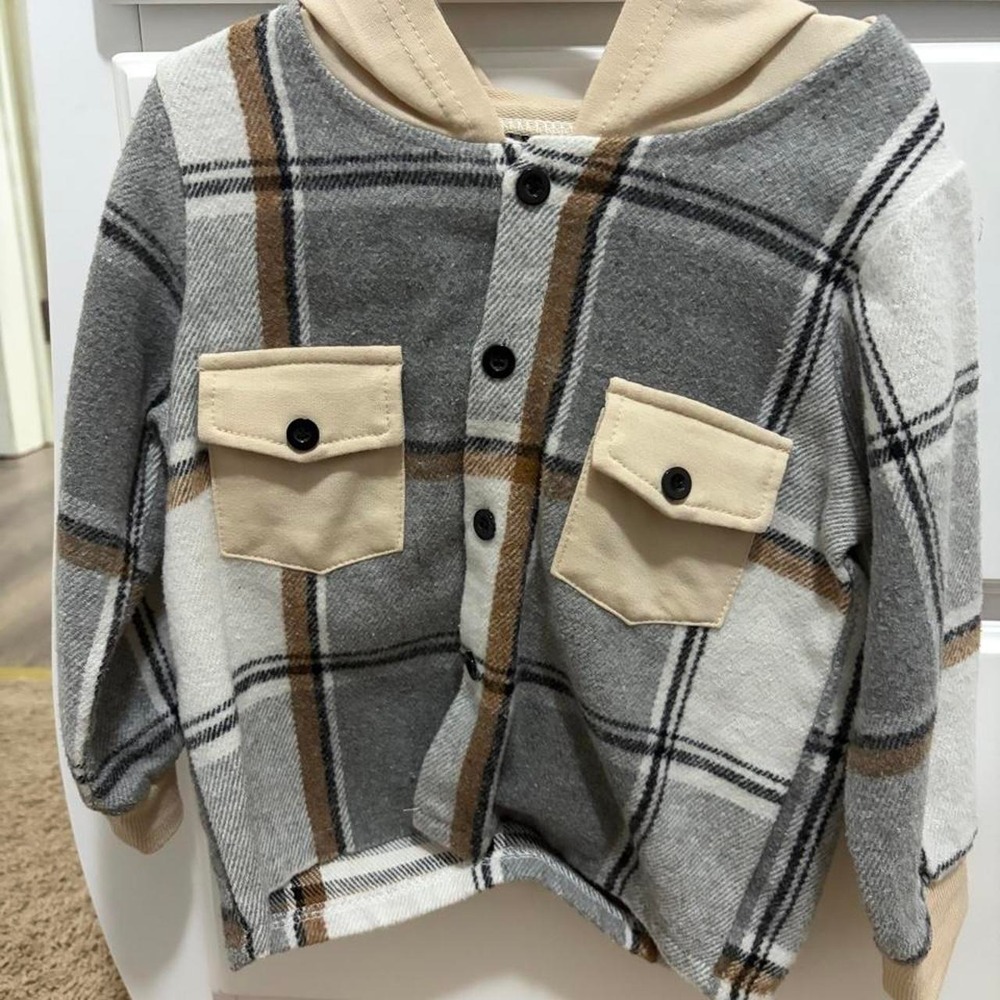 Gray Beige Brown Plaid Hooded Jacket Toddler Boys Size 2-3Y Button Up